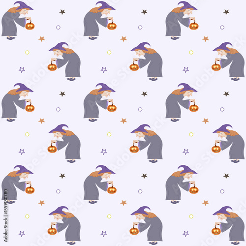 Halloween wicked witch cartoon vector featuring a glowing pumpkin lantern scary face and spooky halloween night theme illustration seamless