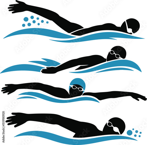 Silhouettes of swimmers in different strokes displaying movement and athleticism in blue and black