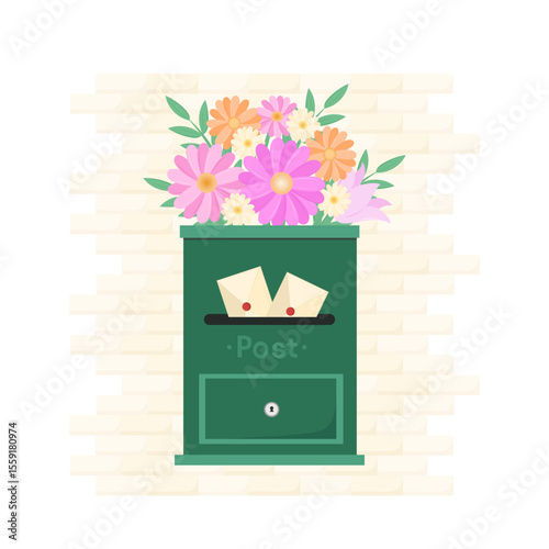 Vector illustration of a decorative mailbox filled with blooming flowers. A charming and creative spring or summer concept, symbolizing messages of love, nature, and positive emotions