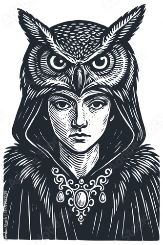 A fantasy portrait of a woman wearing an owl headdress. Vector illustration in a classic vintage woodcut or linocut print style.