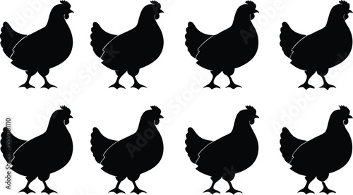 Silhouettes of chickens arrayed in a graphic and stylized representation on white background