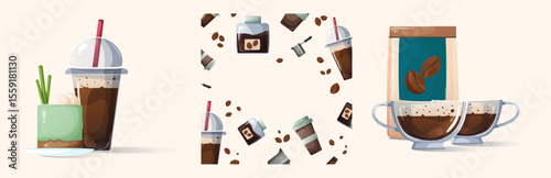Vector illustration featuring coffee-themed elements. Dessert with coffee in a plastic cup. Design oval coffee frame with beans. Set with filled cups and a coffee bag.