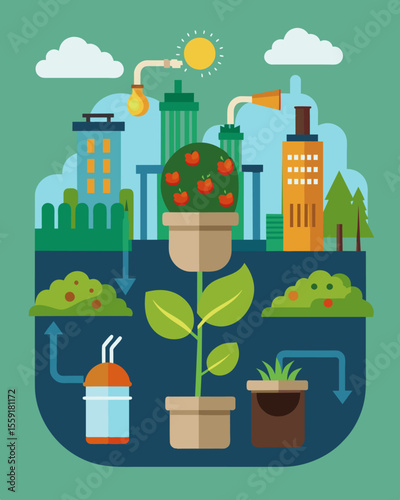 A composting program in a city where organic waste is turned into nutrientrich soil for agriculture and gardening creating a circular system.. Vector illustration