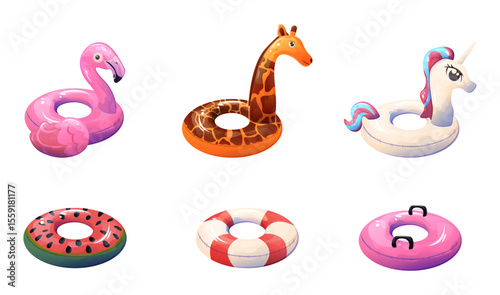 Large Set of Six Rubber Water Float Rings. Illustration of a Collection of Beautiful Lifesaving Rings.