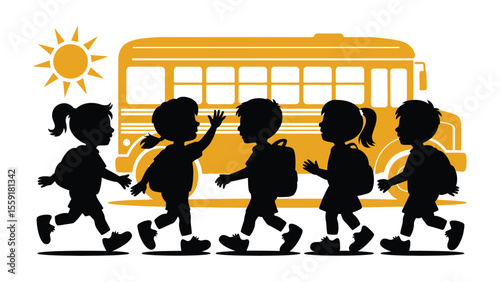Abstract silhouette illustration for a group of school students carrying their bags and returning to school Vector silhouette of children on a white background.