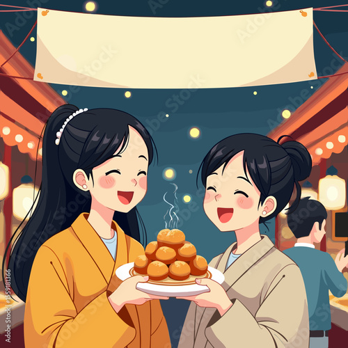 屋台の夜に笑顔で団子を持つ女性たち 祭りの雰囲気の中で