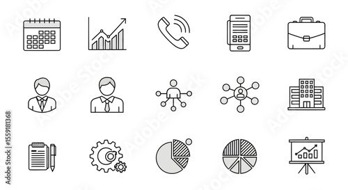 Collection of business and management icons in outline style including charts and people.