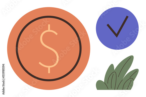 Dollar icon, blue checkmark, and green leaves depict financial success, growth, trust, validation, eco-finance, startup goals and positive outcomes. Ideal for business success savings validation