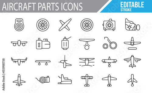 A Set of Icons Featuring Aircraft Parts, Engines, Propellers, and Wings

