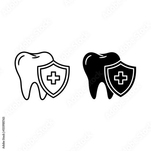 Two illustrations of teeth with shields and plus signs in black and white on a white background