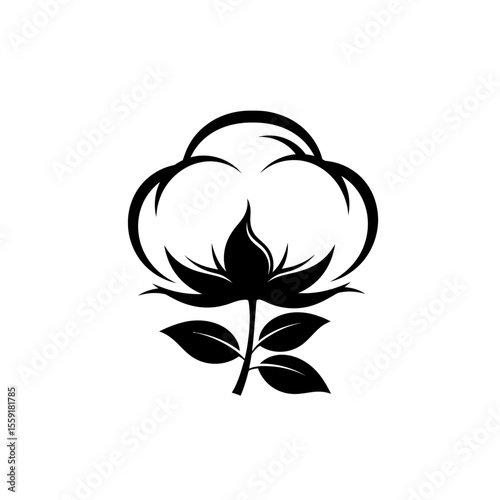 Illustration of a cotton plant with leaves and fluffy boll in black and white simple vector design