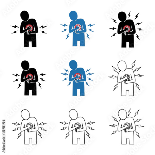 Illustration showing people experiencing chest pain possibly heart attack in various color schemes