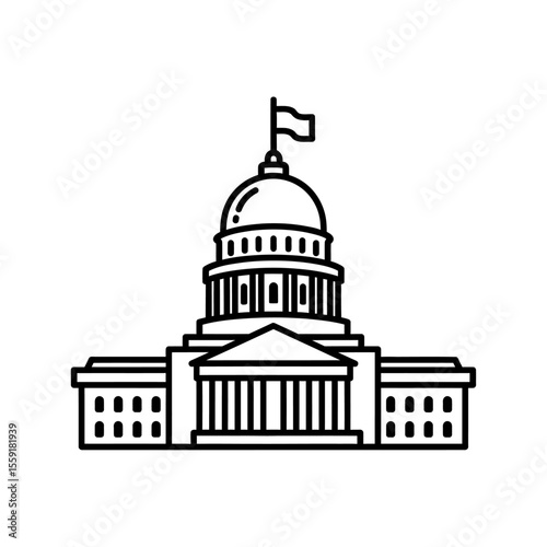 Illustration of a government building with a dome and a flag on top against a white background