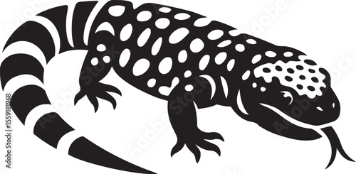 Simple gila monster design in negative space, Black and white reptile drawing style