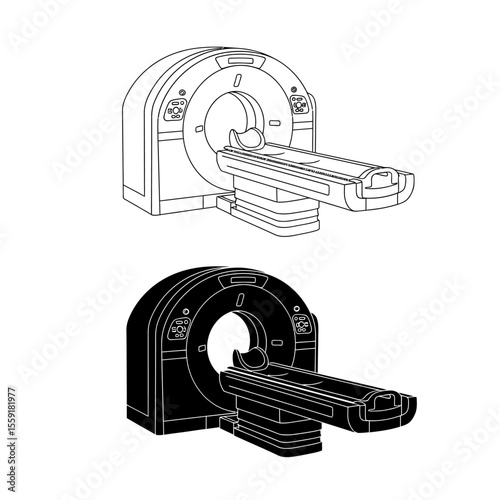Two ct scan machines in different styles one in outline and one in solid black on a white background