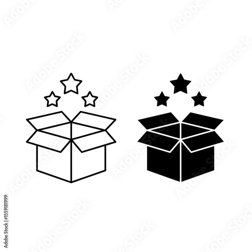 Two box icons one outline and one solid with three stars above each box on a white background