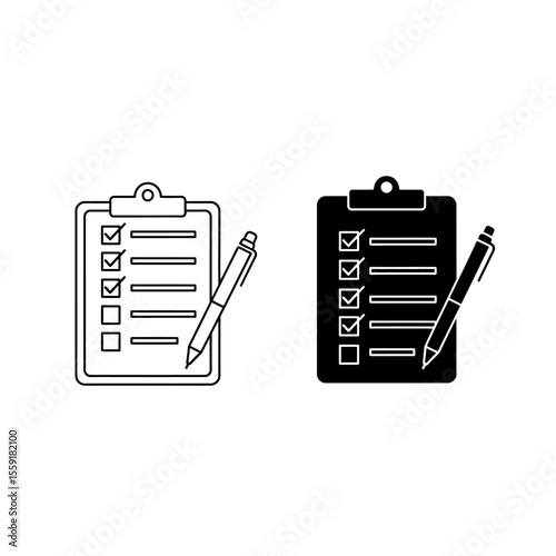 Illustration of two clipboards with checklists and pens in black and white vector graphic style