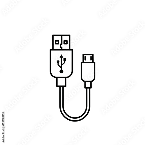 A simple line drawing of a usb cable with a standard a connector and a mini b connector on a white background