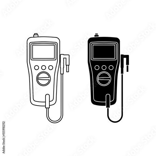 Illustration of two handheld devices with screens and attached probes in black and white style