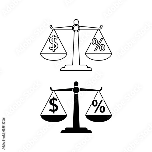 Two sets of scales balancing dollar signs and percentage symbols in black and white outline style