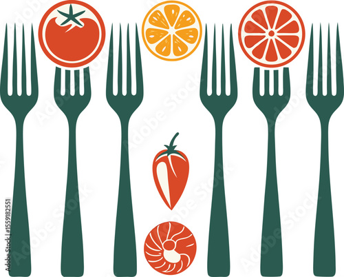 Stylized illustration of forks with fruits and vegetables representing healthy eating concepts