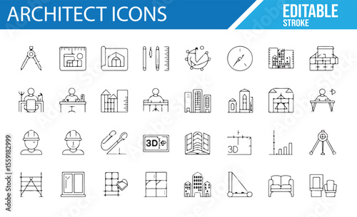 Architect and Construction Icons for Building Design, Engineering, and Planning