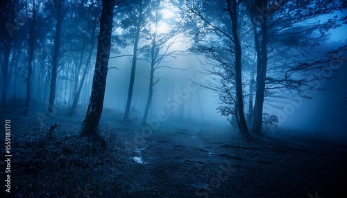 misty forest at night