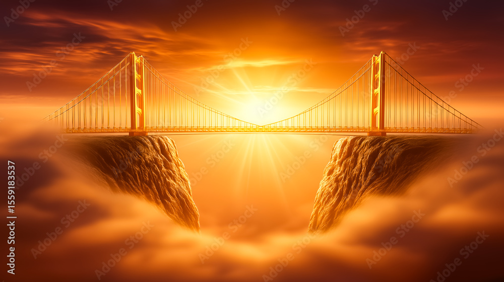 Obraz premium Golden bridge spans gap between two cliffs during captivating sunrise. Soft haze envelops scene creating an inspirational vision of overcoming obstacles. Concept of motivation, architecture, journey