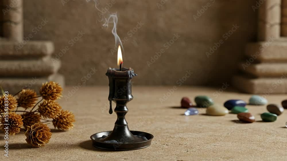 Lit black candle with mystical mood among crystals and dried flowers against stone wall background.