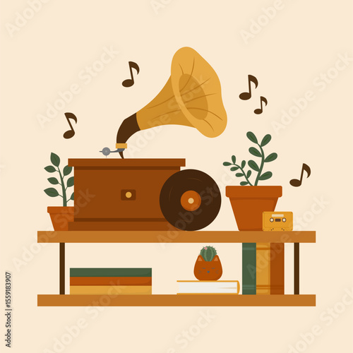 Vector illustration of a cozy shelf with a vintage gramophone, books, vinyl records, and potted plants. A warm, nostalgic composition perfect for retro, music, and home decor themes