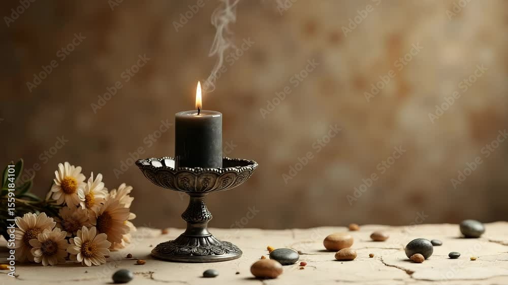 Lit black candle with mystical mood among crystals and dried flowers against stone wall background.
