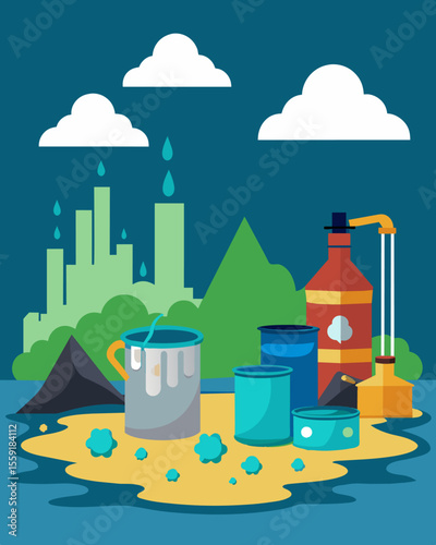 A hazardous concoction of industrial chemicals and household waste leaking from a landfill and slowly poisoning the environment.. Vector illustration