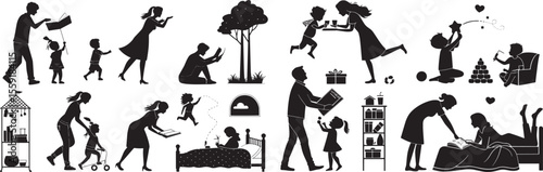 Family Activities Silhouette Icon Set – Solid Filled Icons Depicting Parenting, Childcare, Outdoor Play, and Family Bonding Moments

