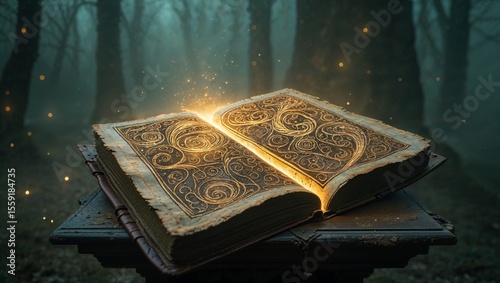 Magical illuminated book in a mysterious misty forest with sparkling light.