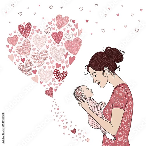 Heart Shaped Vector Illustration Style of a Woman Holding a Baby Isolated on White Background