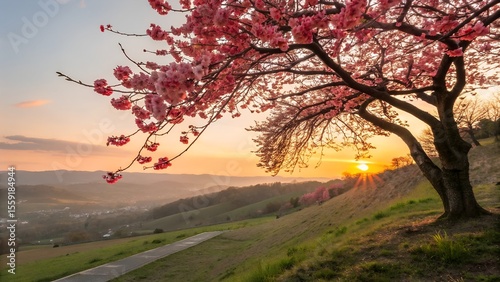 cherry blossoms red sun branch landscape