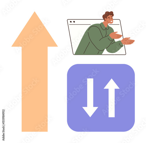 Large upward arrow, man in browser window gesturing, up-and-down arrows in purple box. Ideal for growth, progress, virtual teamwork, decision-making, communication change motivation. Clean flat