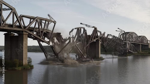 Large bridge collapsing dramatically over wide river
