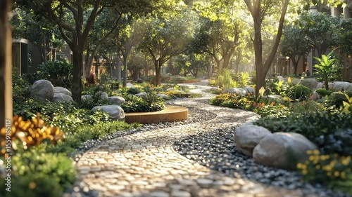 Sunlit garden path winds through lush greenery, stone & flowers