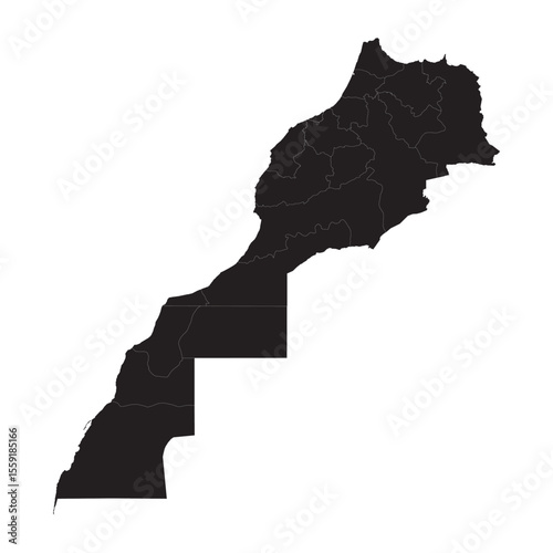 Political and geographical map of Morocco with Western Sahara, showing borders, regions, cities, and terrain

