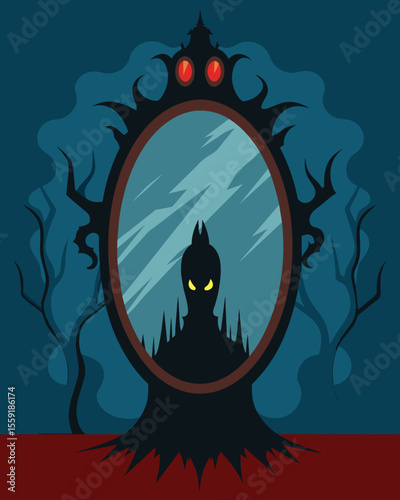The mirror showing not their own reflection but that of a malevolent entity waiting just beyond the glass eager to take control.. Vector illustration