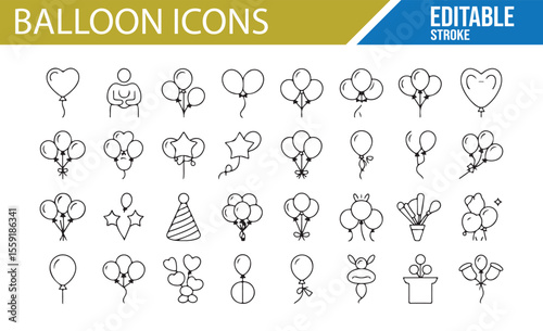 A collection of balloon-related icons, including heart-shaped balloons, party decorations, and various balloon arrangements, ideal for celebrations, events, and festive themes.