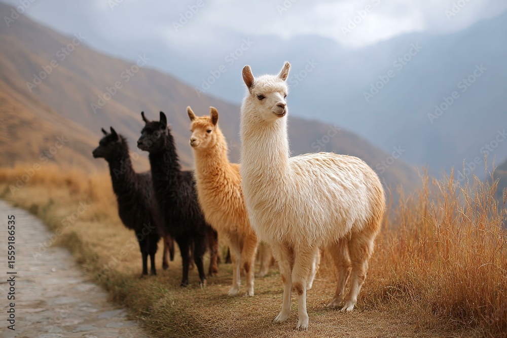 Obraz premium Four Beautiful Llamas in a Mountainous Landscape