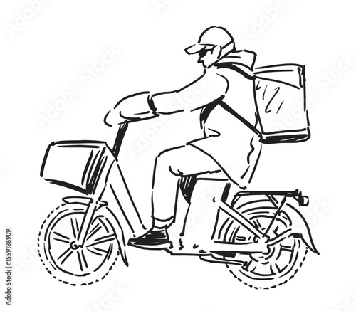 Delivery of ready meals, pizza, fast food, one man on moped riding along  city street, carrying  box groceries, contour hand drawn vector illustration isolated on white