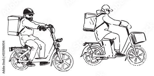 Delivery of ready meals, pizza, fast food, two men on mopeds riding along city street, carrying  box groceries, contour hand drawn realistic vector illustration isolated on white