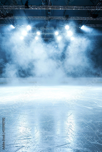 Wallpaper Mural  Professional hockey ice rink with a textured surface, illuminated by overhead lights and filled with mist. The arena is empty. Banner for sports ads, event promotions Torontodigital.ca