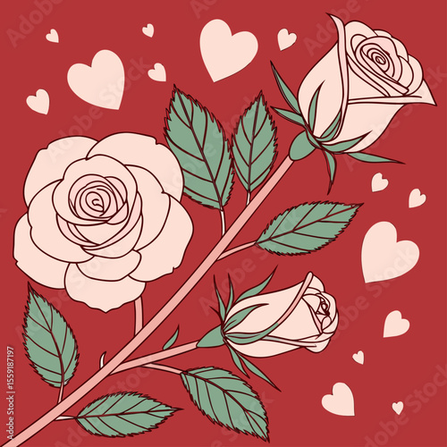 Romantic Rose Flower Illustration with Hearts | Valentine’s Day Vector Art