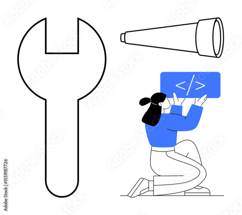 Coding woman kneeling with screen, large wrench, and telescope. Ideal for technology, innovation, problem solving, programming, software design, vision team collaboration simple landing page
