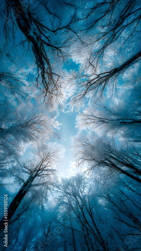 Winter Canopy: Skyward view of snow-laden trees creating a natural frame.