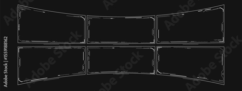 A 3D VR template with six empty, futuristic white overlay frames on a dark background, designed for multi-monitor AR VR setups. Perfect for customizable, immersive headset interfaces.